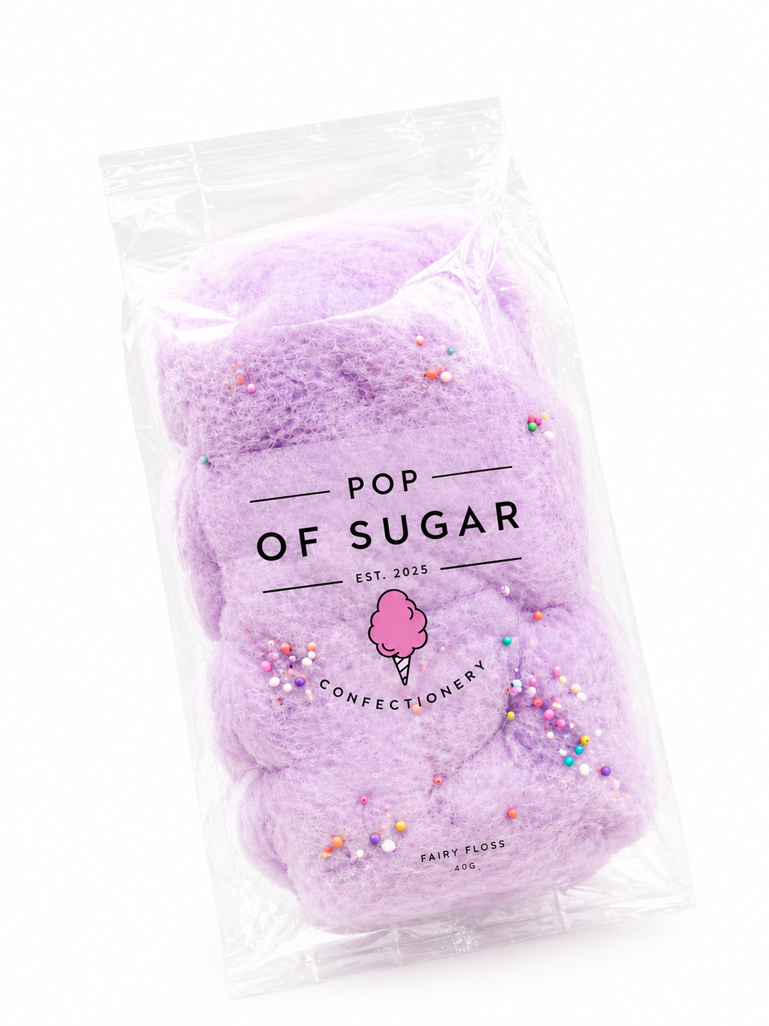 Purple fairy floss cotton candy in a Pop of Sugar bag with sprinkles